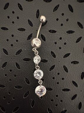 Silver Dangle Belly Button Ring with Clear Crystals - Women Jewelry